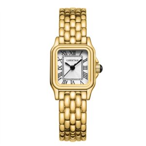 cheetah watches for women with small vintage bracelet, gold white face, rectangular case, roman dial